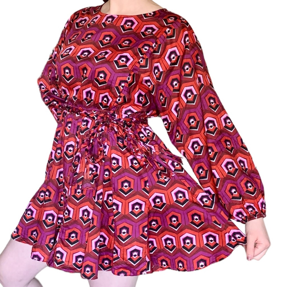 Skies are blue geometric print orange pink black braided cinch mini flare dress